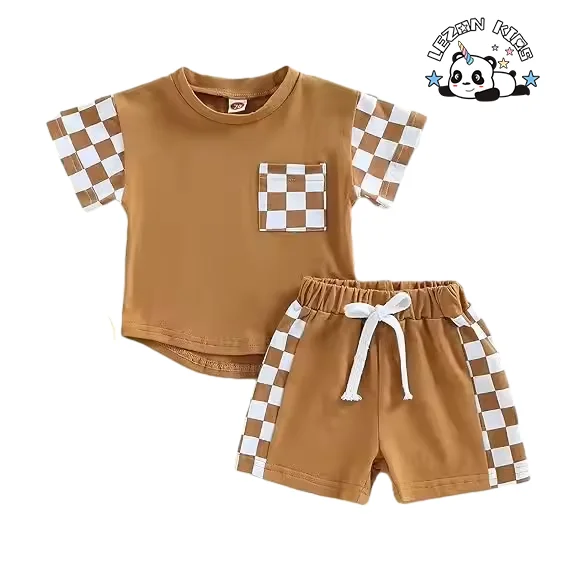 Customizable Summer Checkerboard Plaid Short Sleeve T-Shirt Elastic Waist Shorts Boys Set