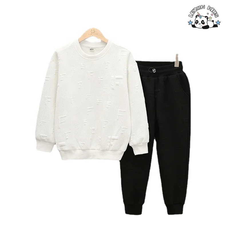 Customizable Trendy Jacquard Letter Pullover Top Elastic Waistband Trousers Two-piece Set Boys Sweatsuit