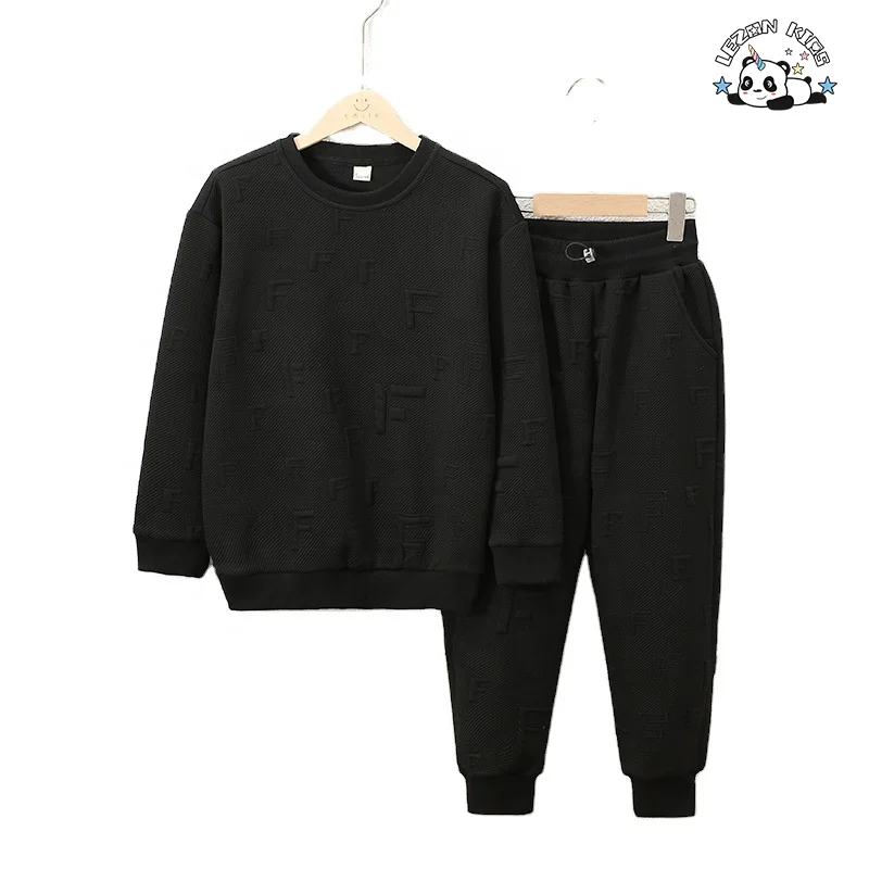 Customizable Trendy Jacquard Letter Pullover Top Elastic Waistband Trousers Two-piece Set Boys Sweatsuit - Product Image