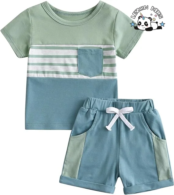 Customizable Wholesale Boy Cute Fashion Color Block Stripe Clothing Set Summer 2pcs Shirt Clothing Set