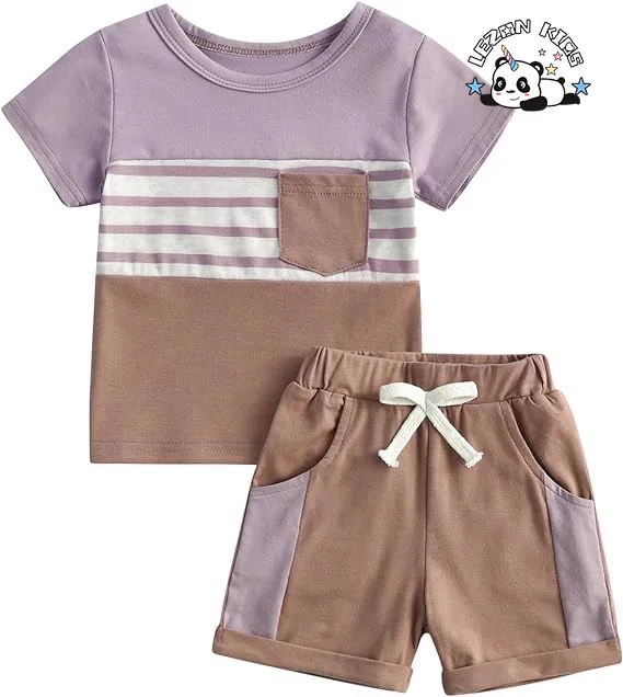 Customizable Wholesale Boy Cute Fashion Color Block Stripe Clothing Set Summer 2pcs Shirt Clothing Set - Product Image