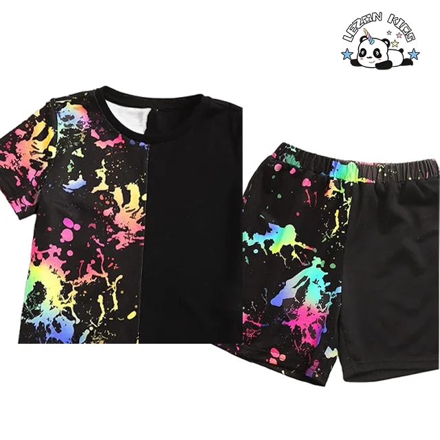 Customized Boy's Casual 2 Piece Outfits Tie Dye Short Sleeve T Shirt Top Shorts Set - Product Image