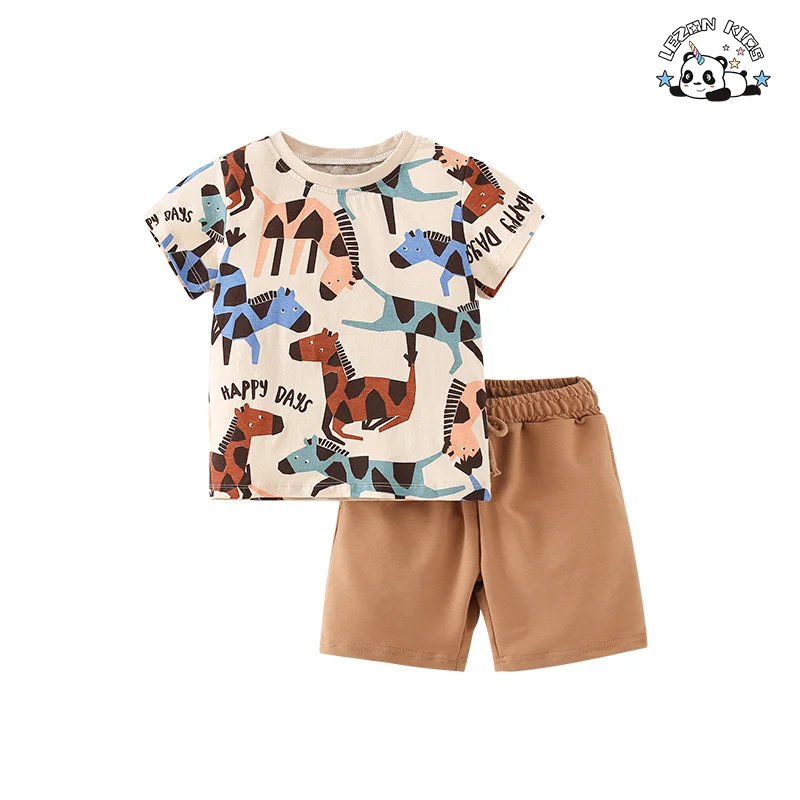 Conjunto de Roupas de Meninos Personalizado Camisa e Short de Animais de Desenho Animado de Duas Peças para Meninos