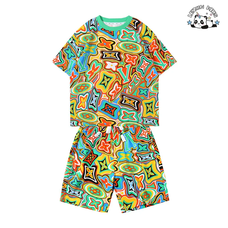 Customized Children's Clothes Cotton Colorful Print T-shirt Short Boy 2 Piece Sets for Daily Wear