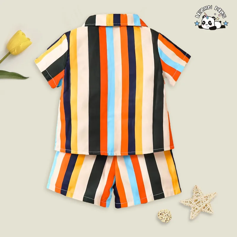 Customized Children's Summer Clothing Casual Stripe Shirt Set Cute Boys Clothes Set - Product Image