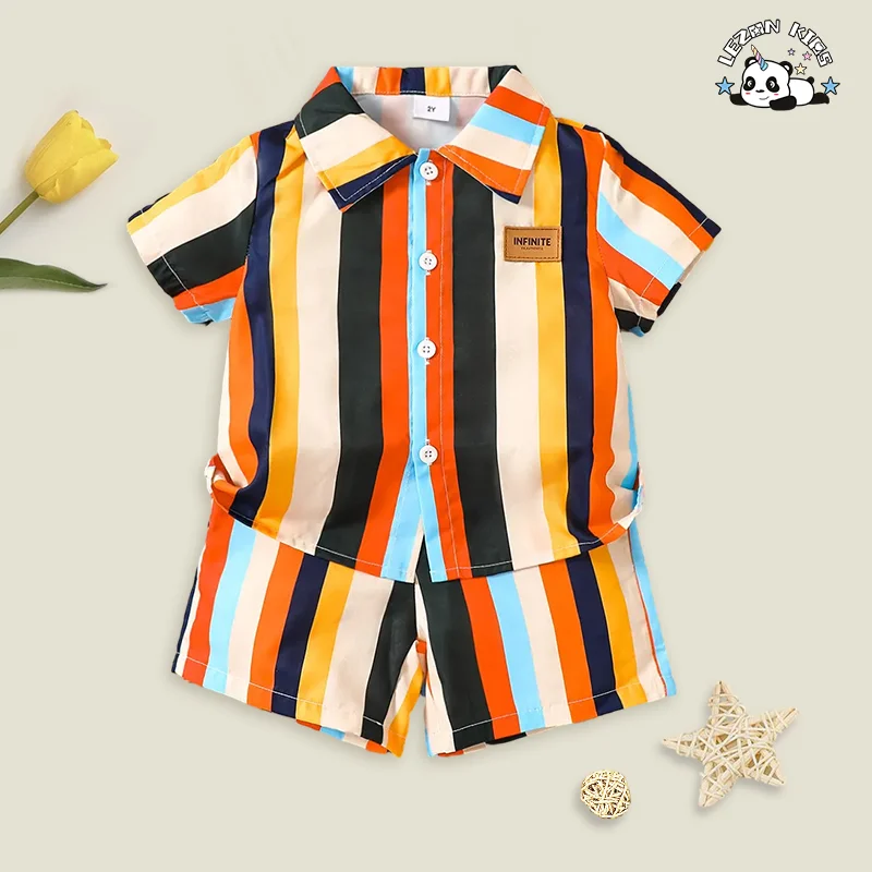 Customized Children's Summer Clothing Casual Stripe Shirt Set Cute Boys Clothes Set - Product Image
