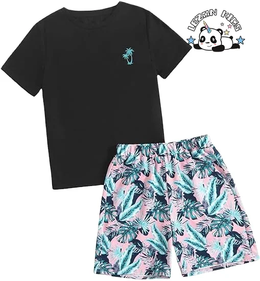 Customized Color Hot Sale Summer Tropical Print Short Sleeve T Shirt and Shorts Boys Casual Set