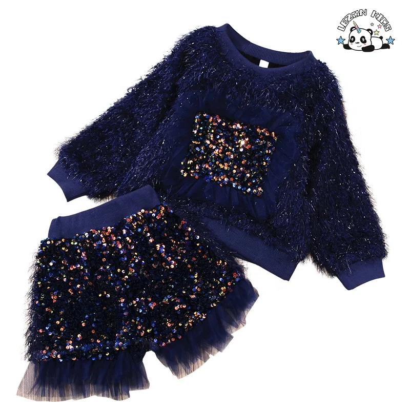 Customized Fashion Custom Children Clothing Kids Velvet Track Suit Sapphire Girls Sets
