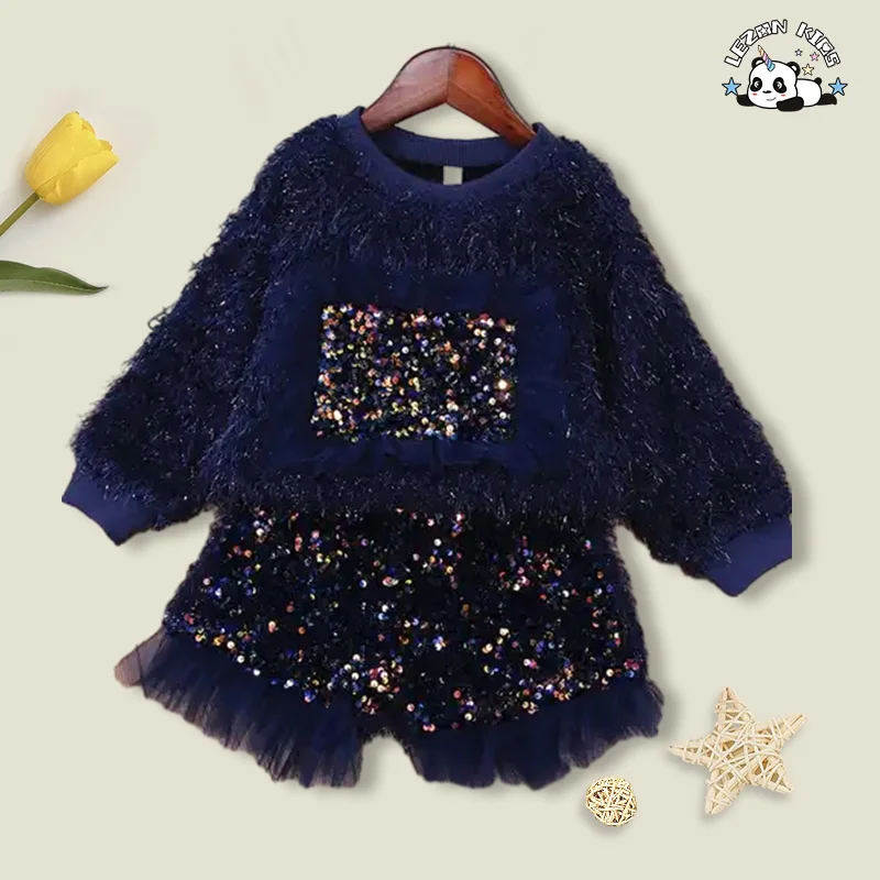 Customized Fashion Custom Children Clothing Kids Velvet Track Suit Sapphire Girls Sets - Product Image