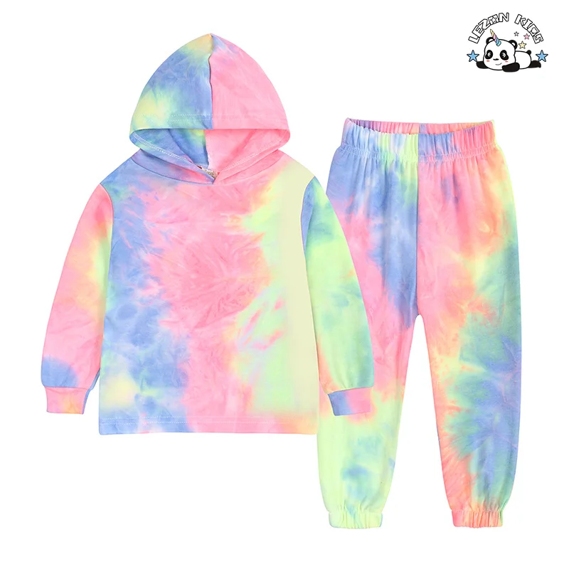 Customized Hot Sale Tie Dye Printed Tops and Pants 2 Pcs Suit Boys Hoodie Set for Kids Clothing - Product Image