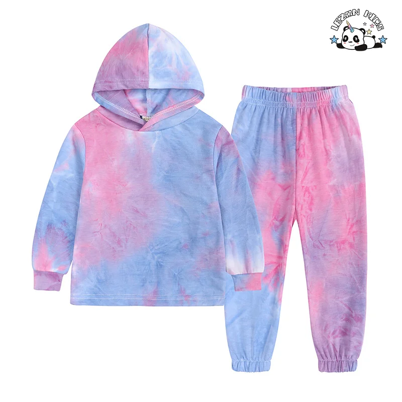 Customized Hot Sale Tie Dye Printed Tops and Pants 2 Pcs Suit Boys Hoodie Set for Kids Clothing - Product Image