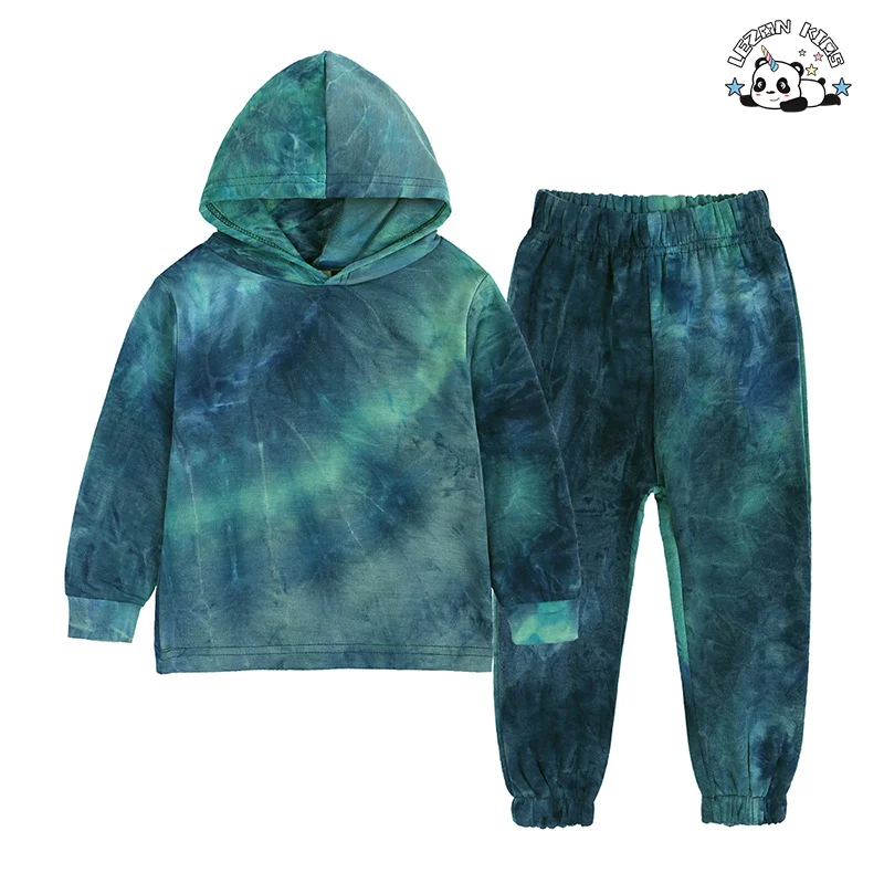 Customized Hot Sale Tie Dye Printed Tops and Pants 2 Pcs Suit Boys Hoodie Set for Kids Clothing - Product Image