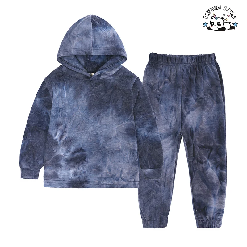 Customized Hot Sale Tie Dye Printed Tops and Pants 2 Pcs Suit Boys Hoodie Set for Kids Clothing - Product Image