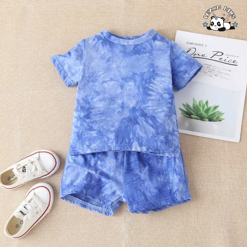 Customized Kids boy set Summer Tie-Dye Casual Cotton Clothing Toddlers Featuring Print Solid Logo Design T-Shirt Suit - Product Image