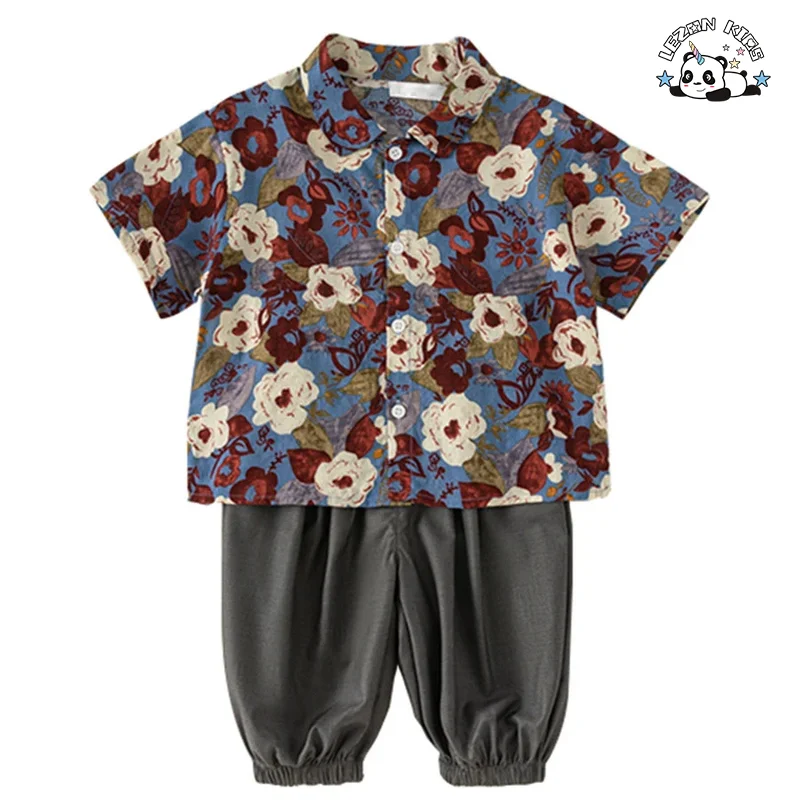 Conjunto de duas peças de camisa floral curta mais popular personalizada com calças largas para verão, terno para crianças