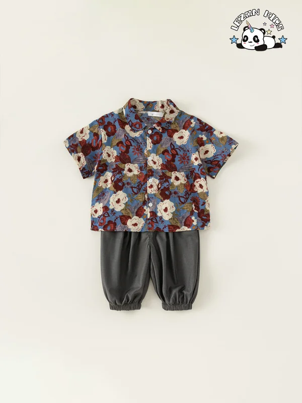 Conjunto de duas peças de camisa floral curta mais popular personalizada com calças largas para verão, terno para crianças - Product Image