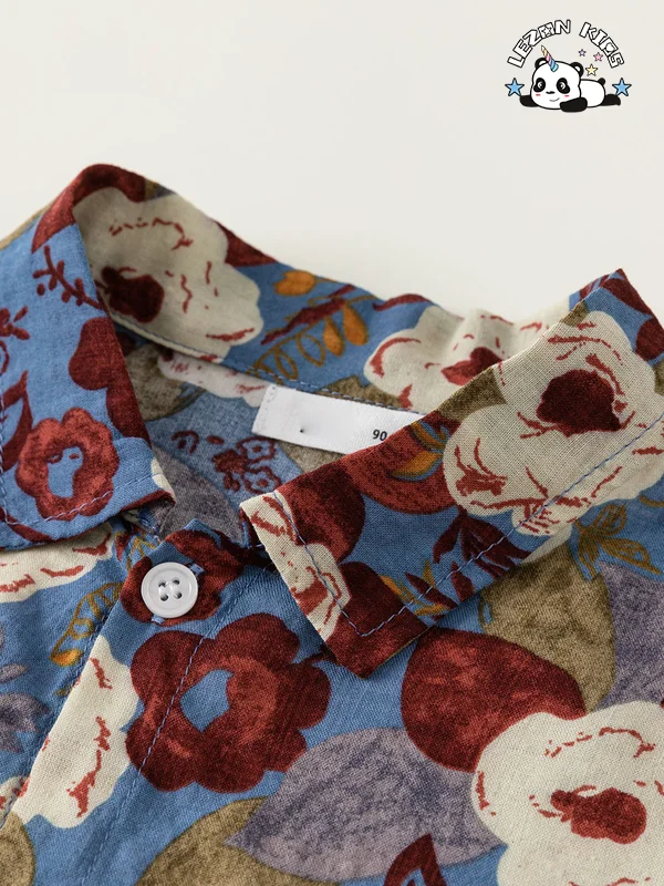 Conjunto de duas peças de camisa floral curta mais popular personalizada com calças largas para verão, terno para crianças - Product Image