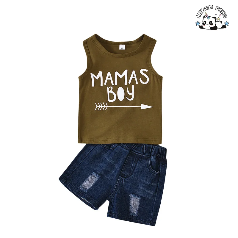 Conjunto de Roupas Casuais para Meninos com Camisa de Malha Sem Mangas e Shorts de Jeans Personalizados