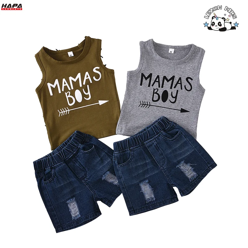 Customized New Boys Fashion Suit Sleeveless Printed Knitted Top Denim Shorts Casual Boys Clothing Sets - Product Image