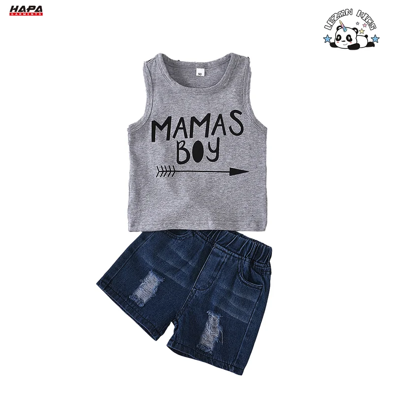 Customized New Boys Fashion Suit Sleeveless Printed Knitted Top Denim Shorts Casual Boys Clothing Sets - Product Image