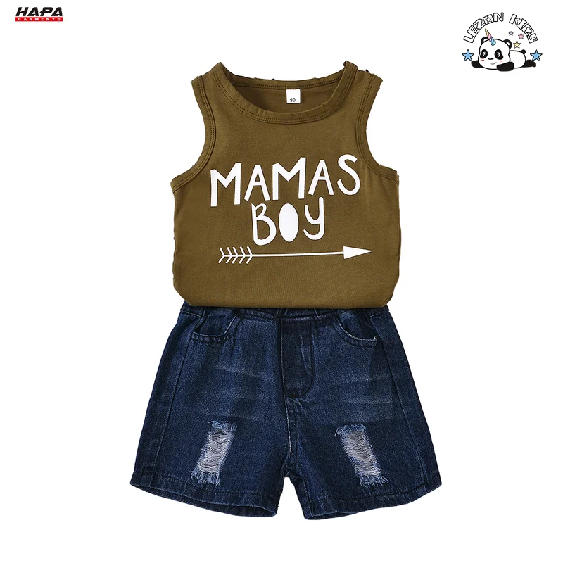 Customized New Boys Fashion Suit Sleeveless Printed Knitted Top Denim Shorts Casual Boys Clothing Sets - Product Image