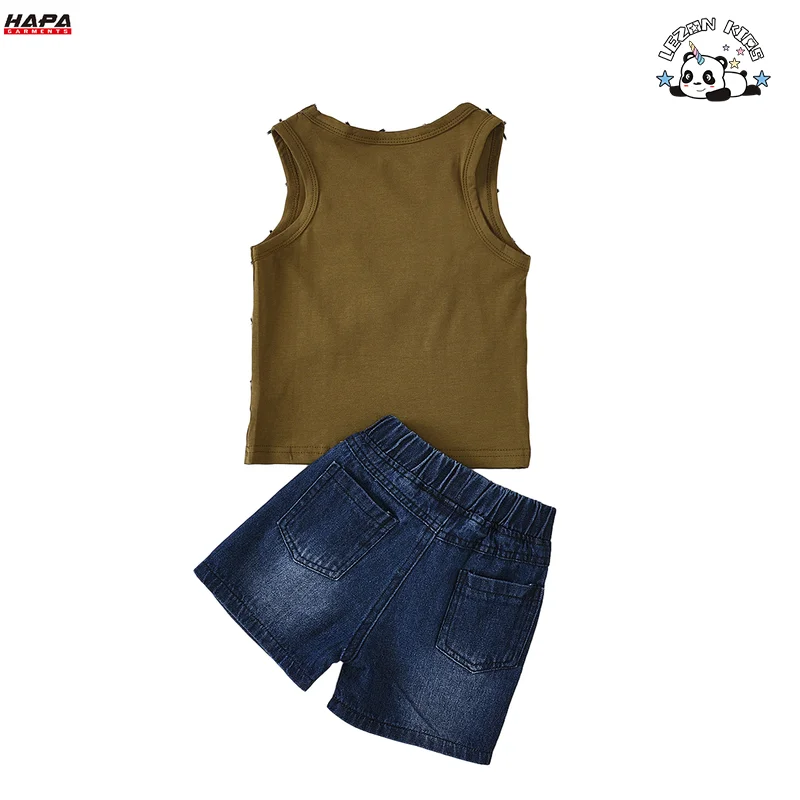 Customized New Boys Fashion Suit Sleeveless Printed Knitted Top Denim Shorts Casual Boys Clothing Sets - Product Image