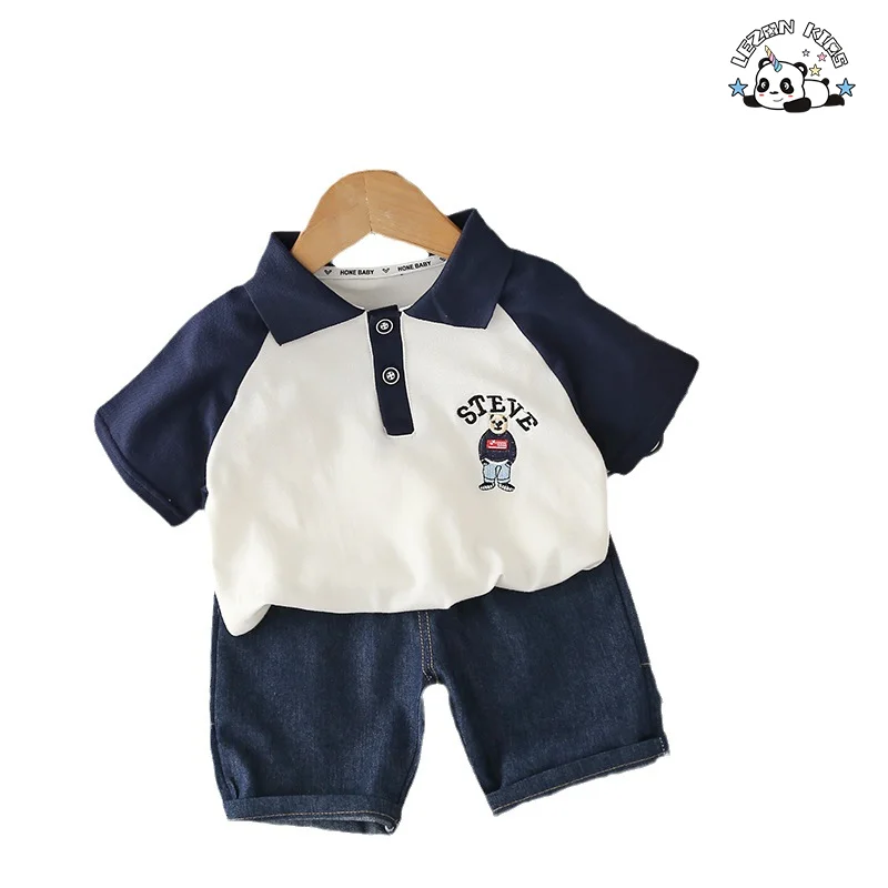 Direct Sales Little Kid Boy Lapel Cartoon T-shirt and Jeans Boys Clothing Sets for 2-14T Children