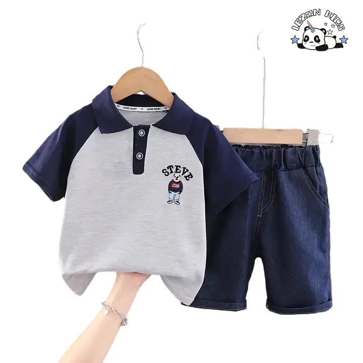 Direct Sales Little Kid Boy Lapel Cartoon T-shirt and Jeans Boys Clothing Sets for 2-14T Children - Product Image