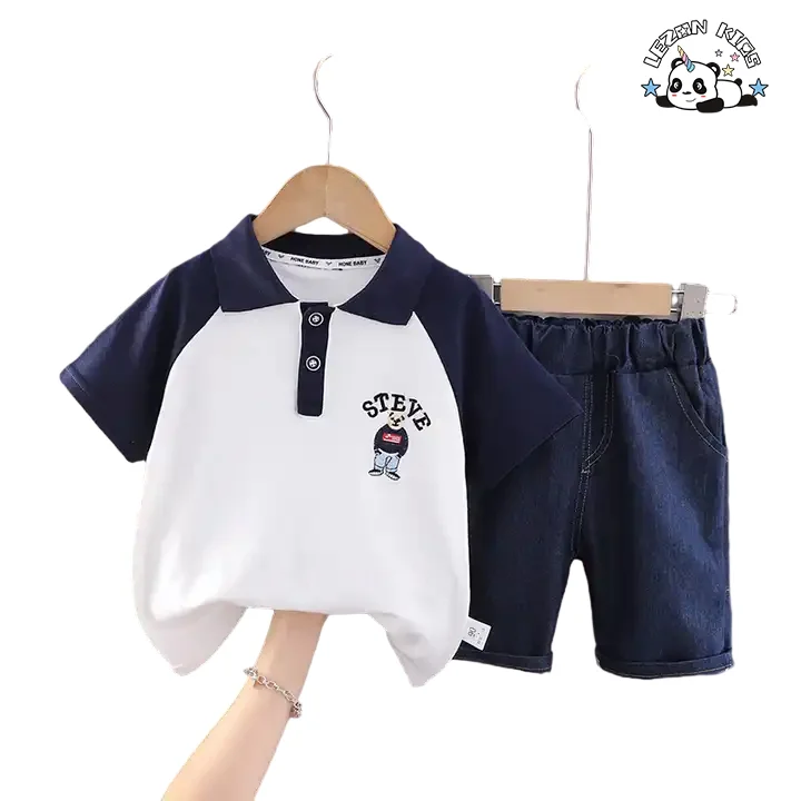 Direct Sales Little Kid Boy Lapel Cartoon T-shirt and Jeans Boys Clothing Sets for 2-14T Children - Product Image