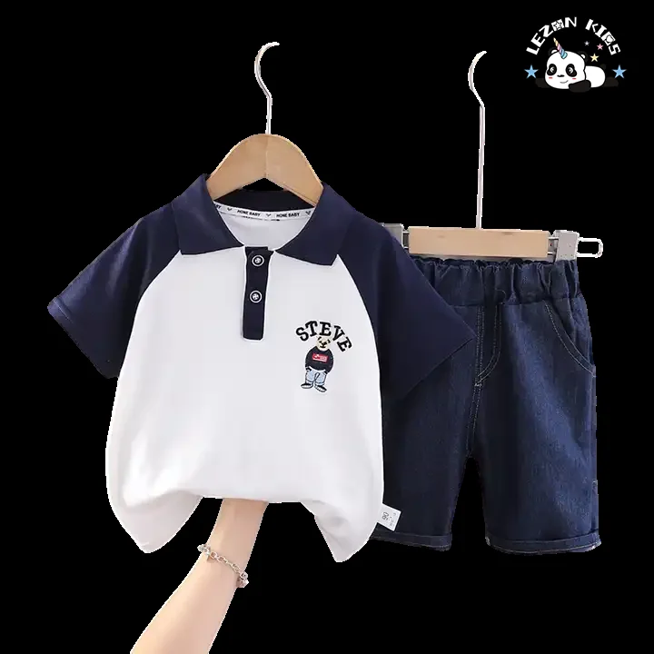 Direct Sales Little Kid Boy Lapel Cartoon T-shirt and Jeans Boys Clothing Sets for 2-14T Children - Product Image