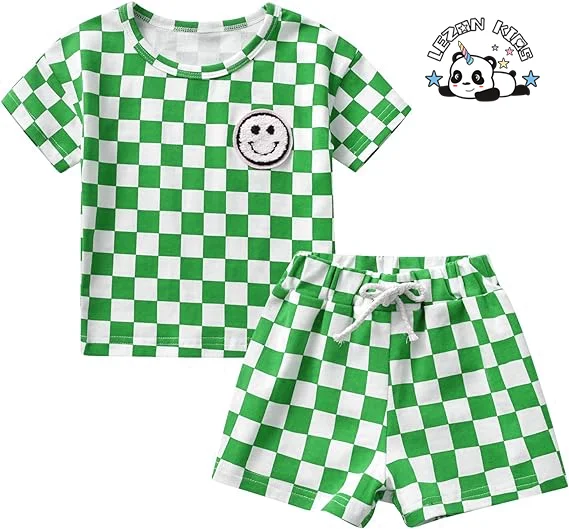 European American Boy Plaid Printed T Shirt Set Short Plaid Pants Suit Boys Clothing Sets