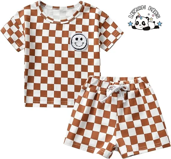 European American Boy Plaid Printed T Shirt Set Short Plaid Pants Suit Boys Clothing Sets - Product Image