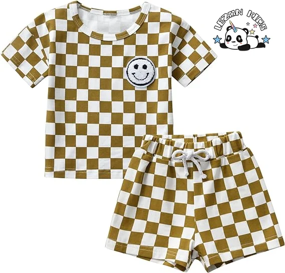 European American Boy Plaid Printed T Shirt Set Short Plaid Pants Suit Boys Clothing Sets - Product Image
