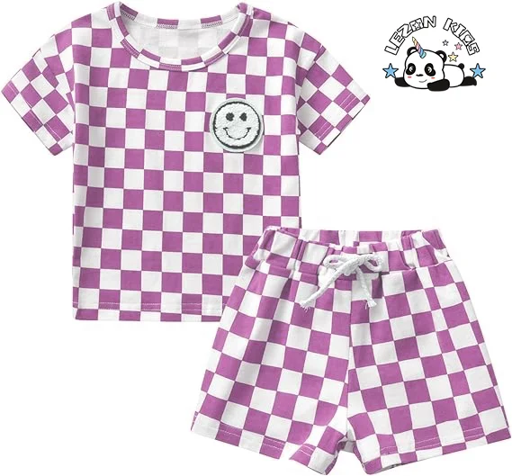 European American Boy Plaid Printed T Shirt Set Short Plaid Pants Suit Boys Clothing Sets - Product Image