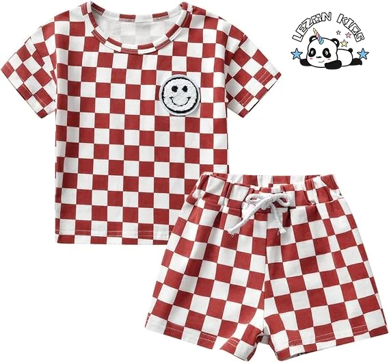 European American Boy Plaid Printed T Shirt Set Short Plaid Pants Suit Boys Clothing Sets - Product Image