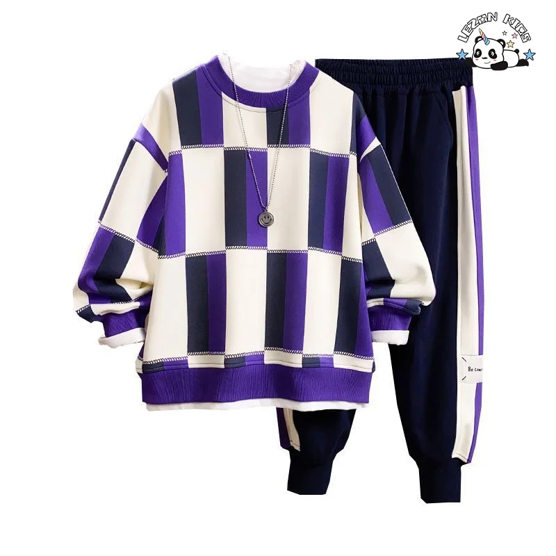 Factory Hot Sale Long Sleeve Long Pants Plaid Printing Boys Suit Casual Sweatshirt Boy Sets
