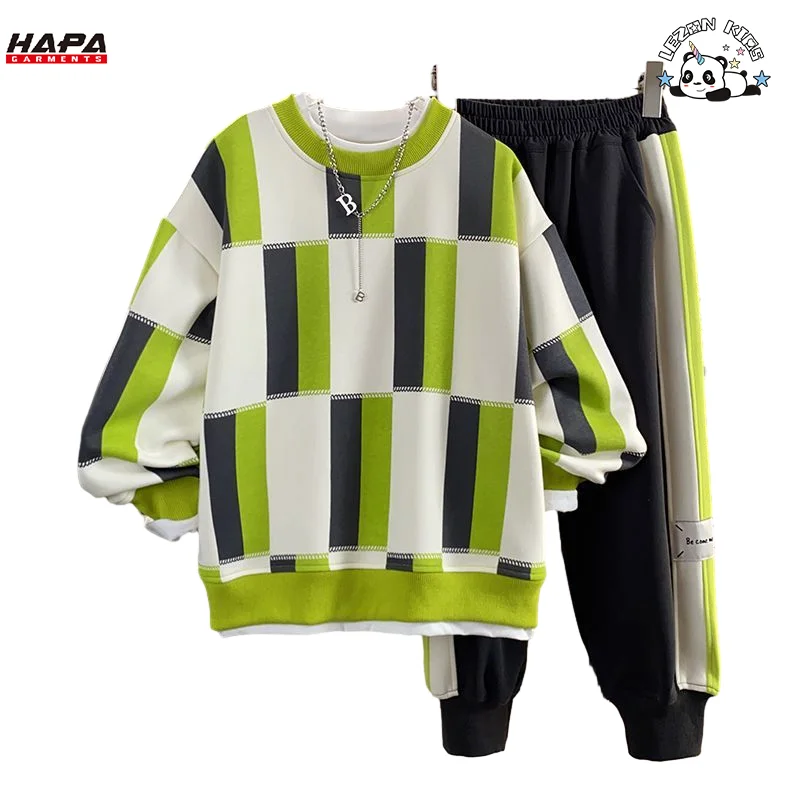 Factory Hot Sale Long Sleeve Long Pants Plaid Printing Boys Suit Casual Sweatshirt Boy Sets - Product Image