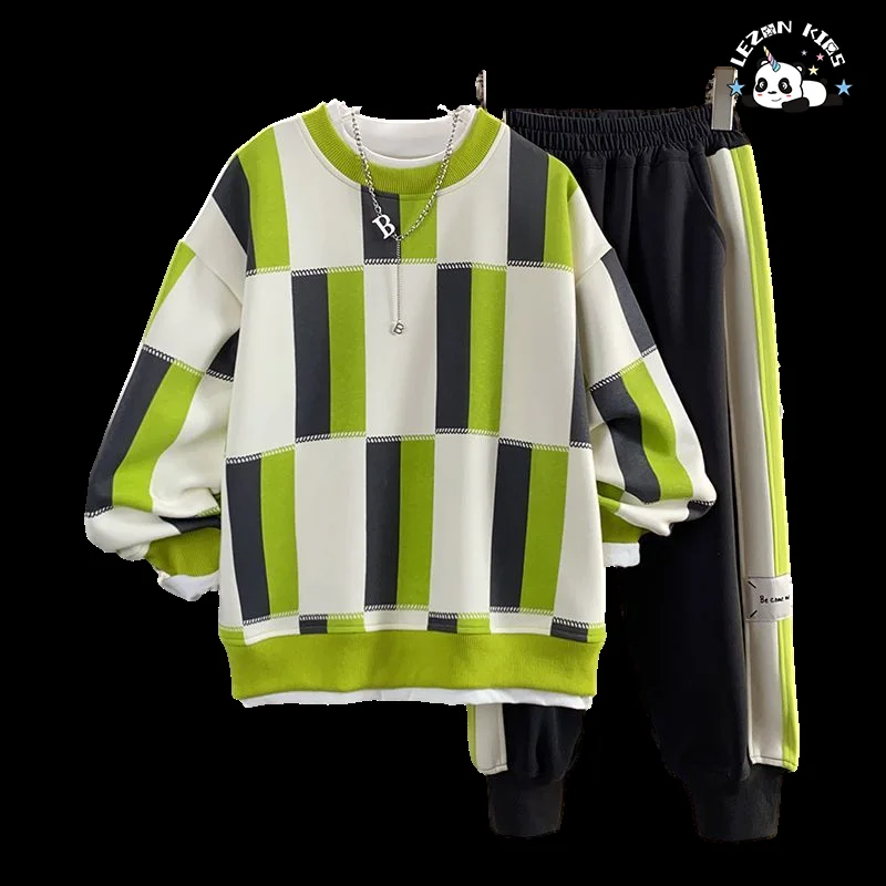 Factory Hot Sale Long Sleeve Long Pants Plaid Printing Boys Suit Casual Sweatshirt Boy Sets - Product Image