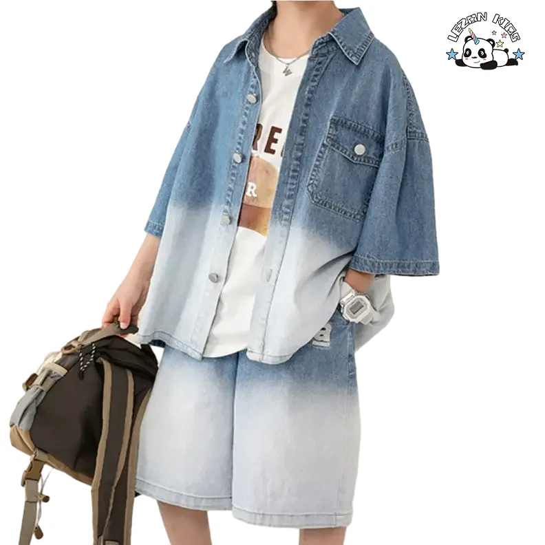 Fashion Kids Toddler Baby Boy Short Sleeved Shirts & Shorts Boys Loose Two-piece Suit Button Down Denim Shirt Tops Blouse - Product Image