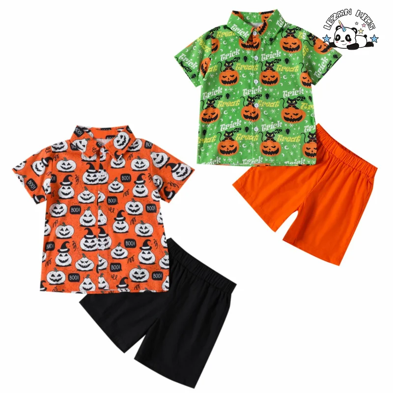 Fashion New Kids Halloween Costumes 2023 Summer Boys Short Sleeve Pumpkin Printed Shirt Shorts 2 Piece Set