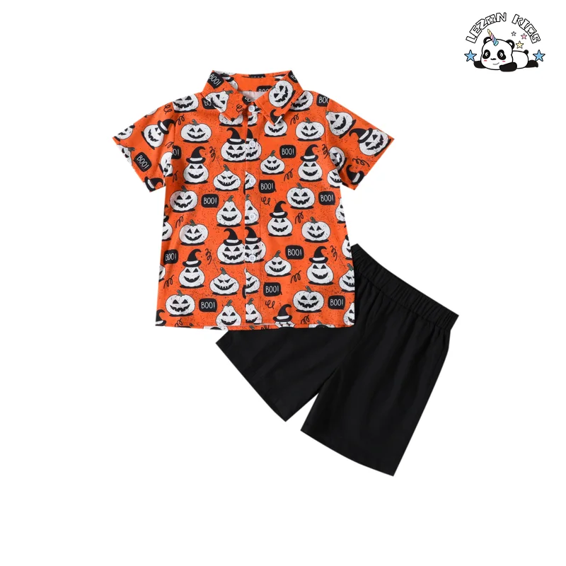 Fashion New Kids Halloween Costumes 2023 Summer Boys Short Sleeve Pumpkin Printed Shirt Shorts 2 Piece Set - Product Image