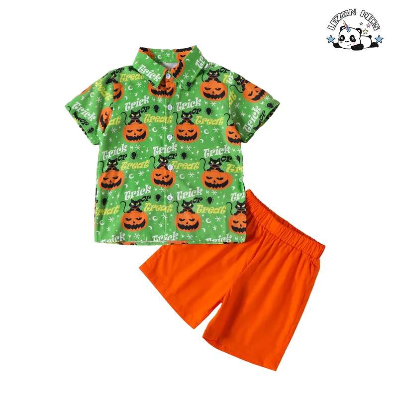 Fashion New Kids Halloween Costumes 2023 Summer Boys Short Sleeve Pumpkin Printed Shirt Shorts 2 Piece Set - Product Image
