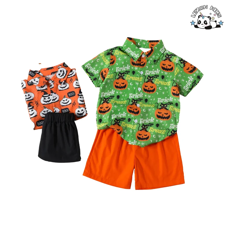 Fashion New Kids Halloween Costumes 2023 Summer Boys Short Sleeve Pumpkin Printed Shirt Shorts 2 Piece Set - Product Image