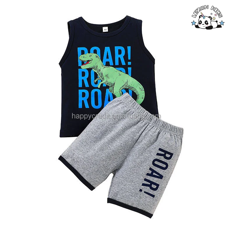 High Quality Custom Cartoon Printed Sport Suit Summer Two Pieces Kids Boys Clothing Set