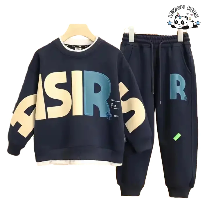 Conjunto de Roupas Esportivas de Alta Qualidade com Pulôver de Manga Longa e Calças com Impressão de Letras para Meninos - Product Image