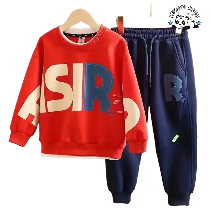 Conjunto de Roupas Esportivas de Alta Qualidade com Pulôver de Manga Longa e Calças com Impressão de Letras para Meninos - Product Image
