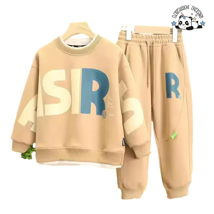 Conjunto de Roupas Esportivas de Alta Qualidade com Pulôver de Manga Longa e Calças com Impressão de Letras para Meninos - Product Image