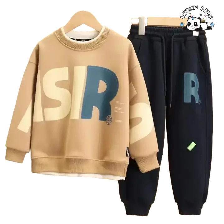 Conjunto de Roupas Esportivas de Alta Qualidade com Pulôver de Manga Longa e Calças com Impressão de Letras para Meninos - Product Image