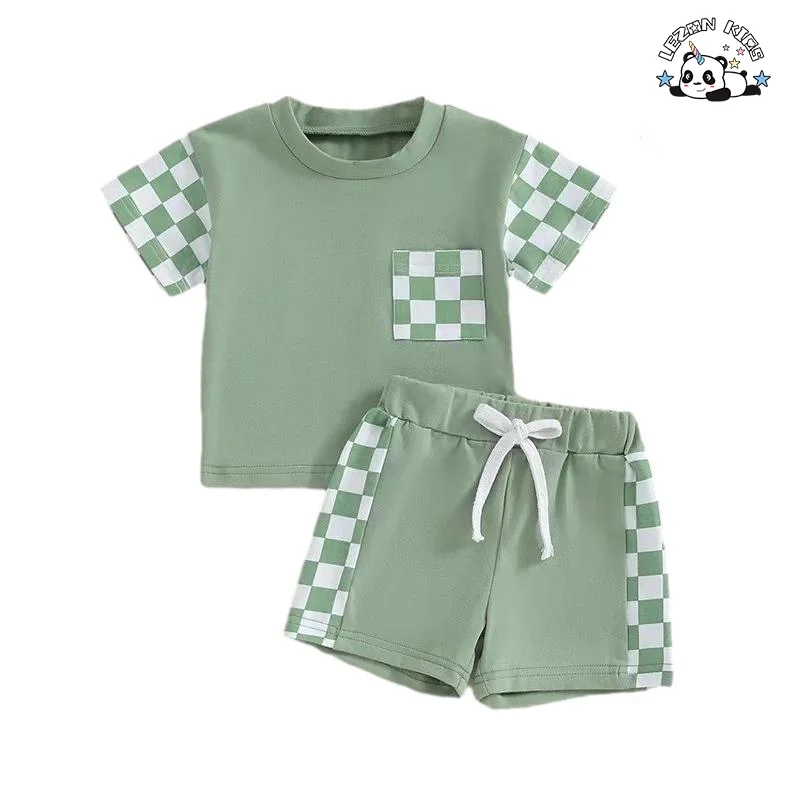 High Quality Trendy Plaid Style T-Shirt Suit Energetic Summer Set for Kids Clothing Sets - Product Image