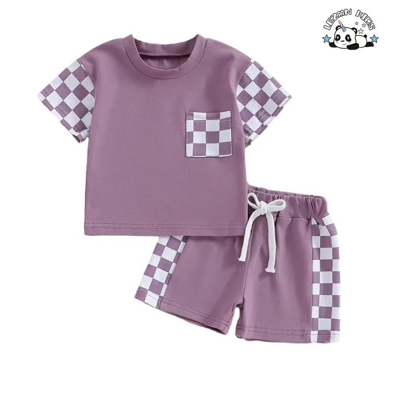 High Quality Trendy Plaid Style T-Shirt Suit Energetic Summer Set for Kids Clothing Sets - Product Image
